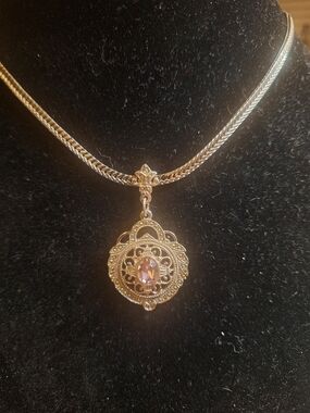 Silver Filigree Pendant Necklace with Pink Gemstone